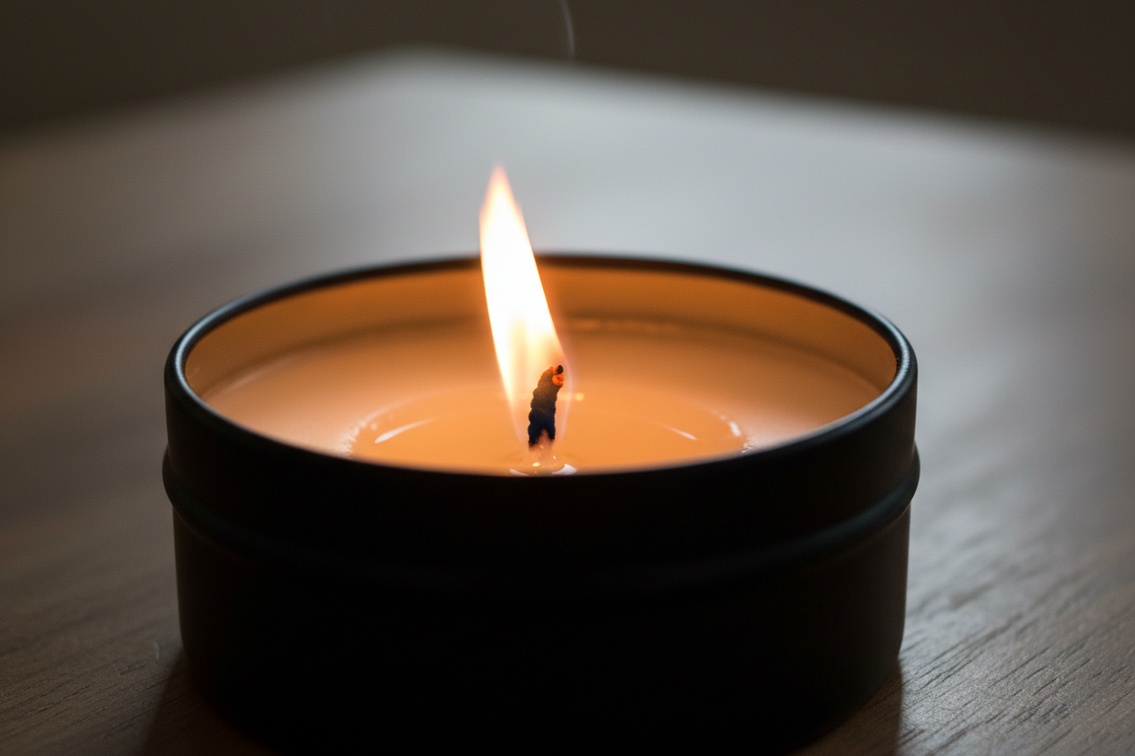 flickering candle flame in black tin container